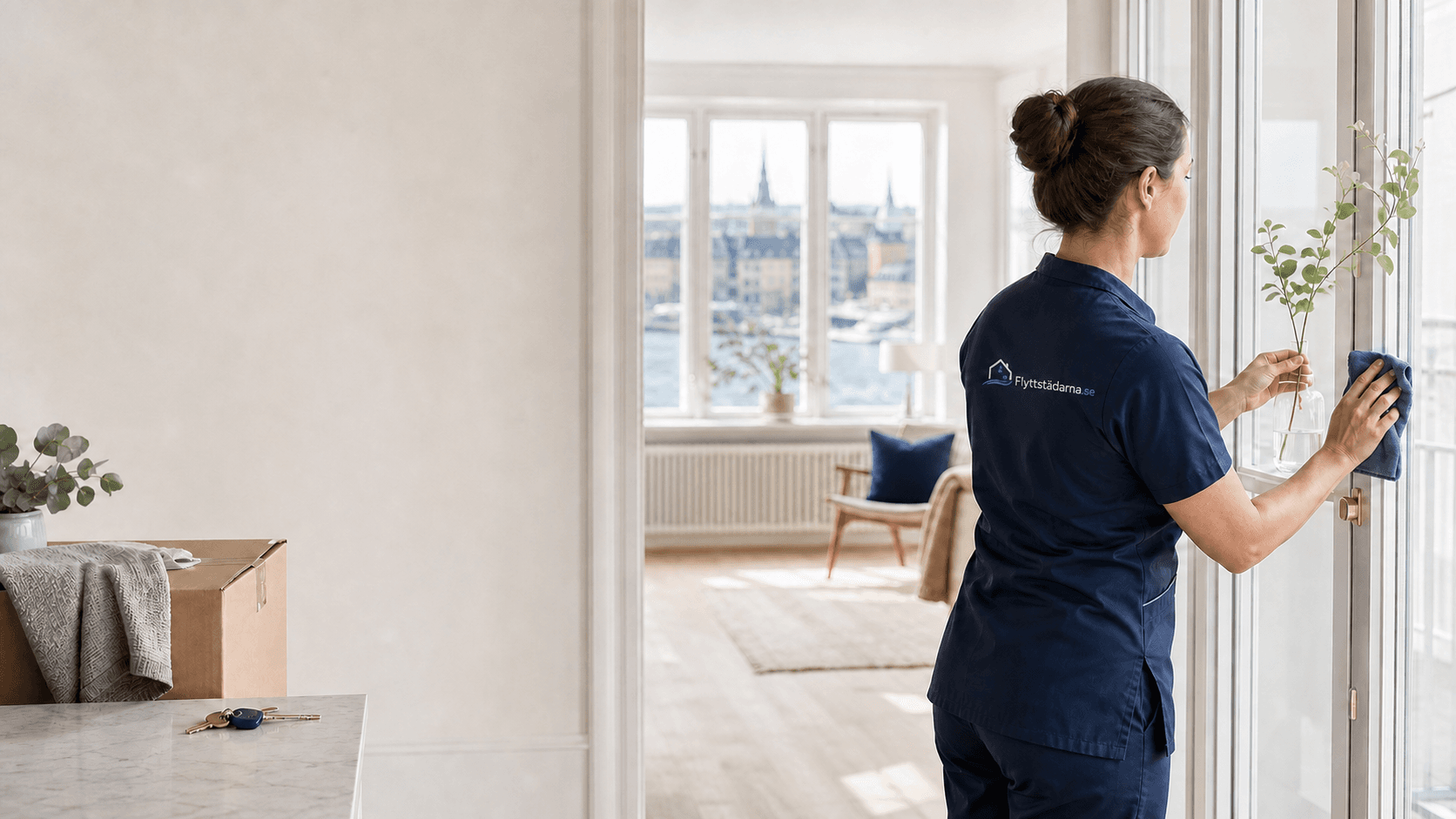 Medarbetare putsar ett fönster i en tömd och ljus bostad inför överlämning